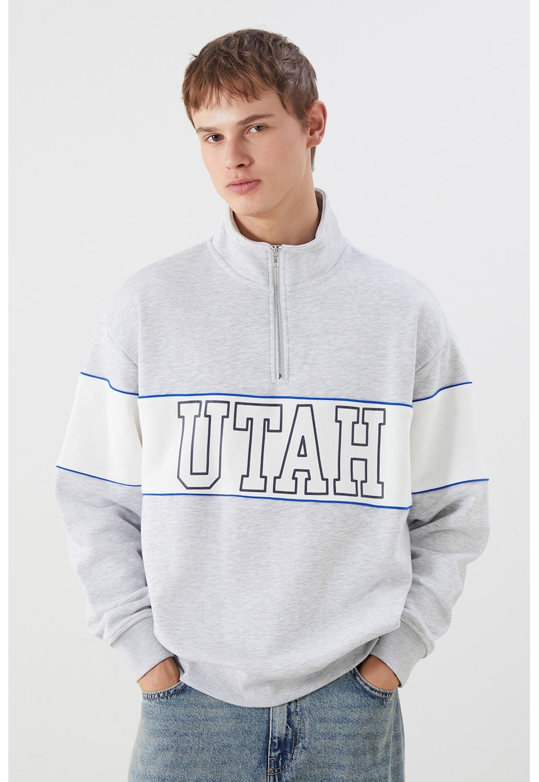 Bluza de trening cu fenta scurta cu fermoar - Alb/Gri deschis/Albastru royal
