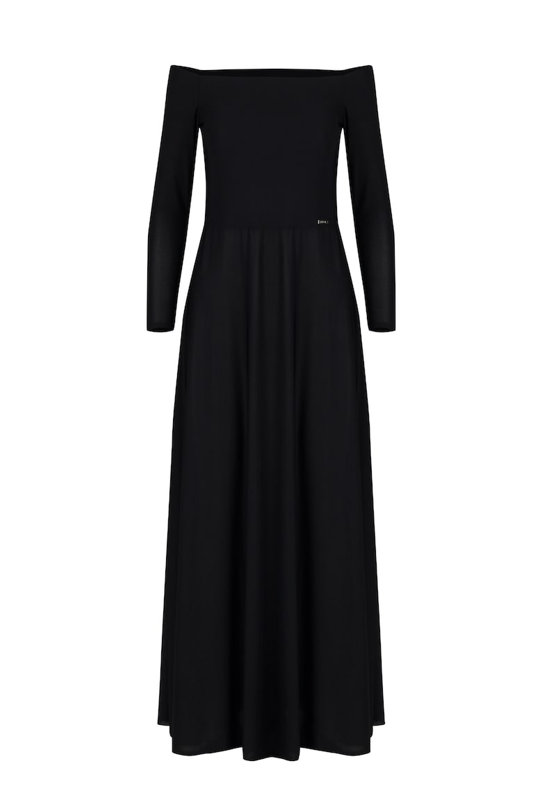 Rochie maxi  model M707 - neagra - cu umeri goi si maneci lungi - poliester