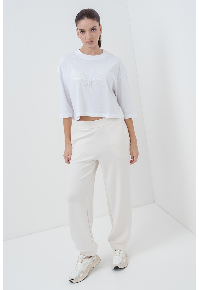 Tricou crop cu decolteu la baza gatului - Alb/Crem
