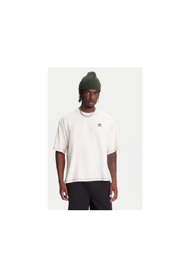 Tricou din bumbac cu logo - maneci cazute si decolteu la baza gatului