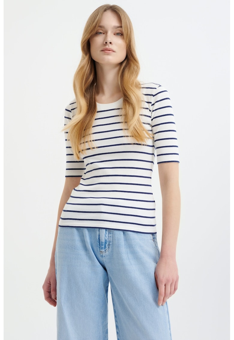 Tricou slim fit striat - Alb/Bleumarin