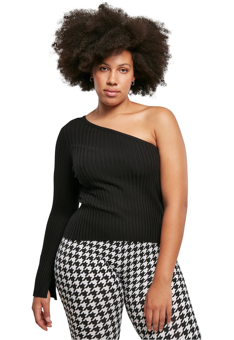 Bluza striata cu decolteu pe un umar - Negru