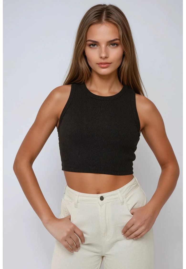 Maiou Crop  tricotat - decolteu halter - negru - bumbac