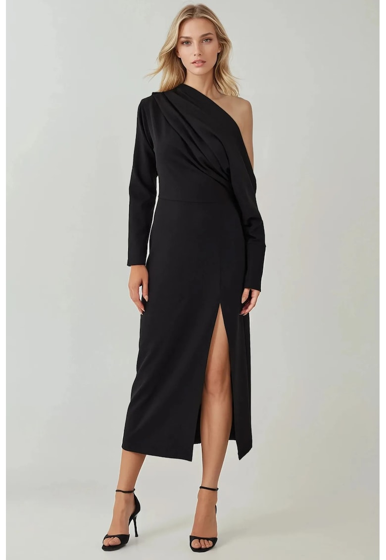 Rochie midi -  mulata - guler asimetric - crapatura - jerseu - Negru