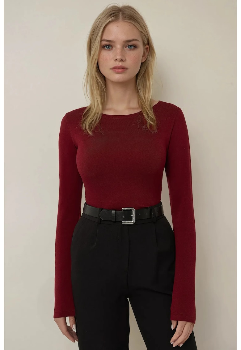 Bluza dama -  top slim fit - decolteu tip barca - rosu - maneca lunga