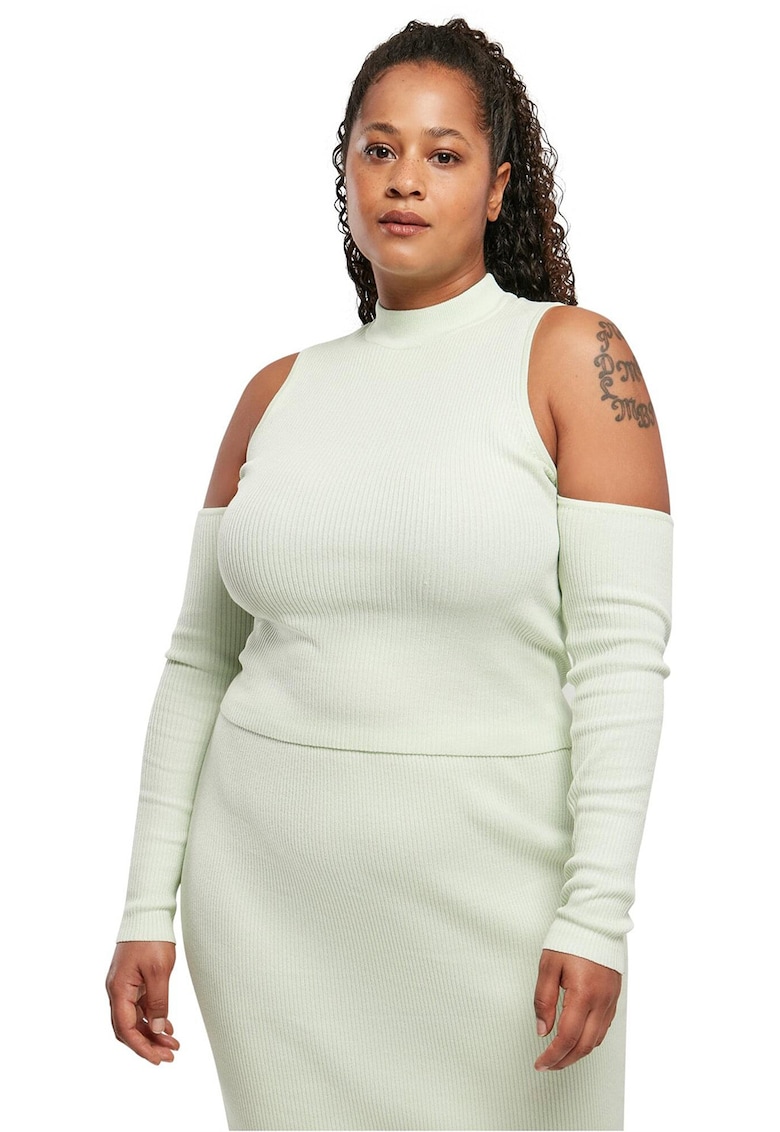 Bluza striata tricotata cu umeri decupati - Verde menta
