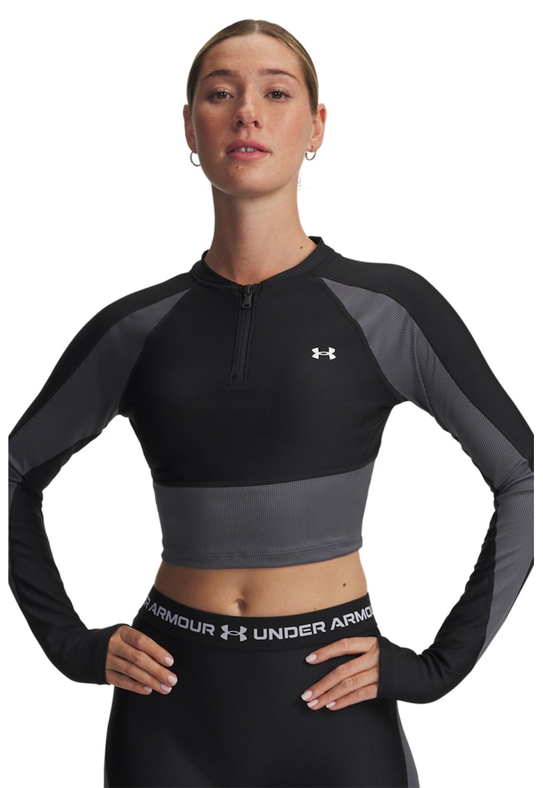 Bluza crop cu fermoar scurt pentru antrenament - Negru/Gri inchis