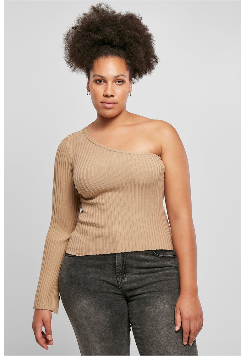 Bluza striata cu decolteu pe un umar - Maro camel
