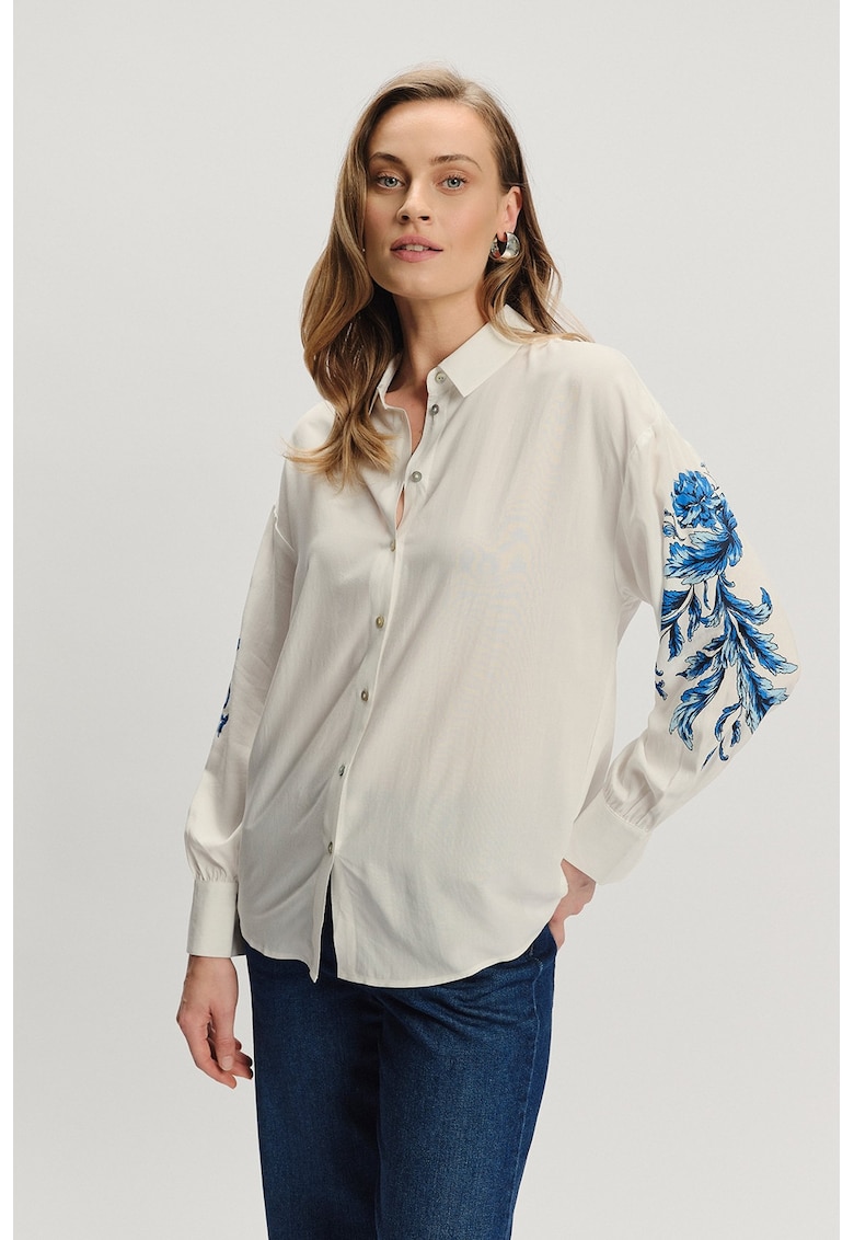 Camasa lejera cu maneci cu model floral - Alb fildes/Albastru