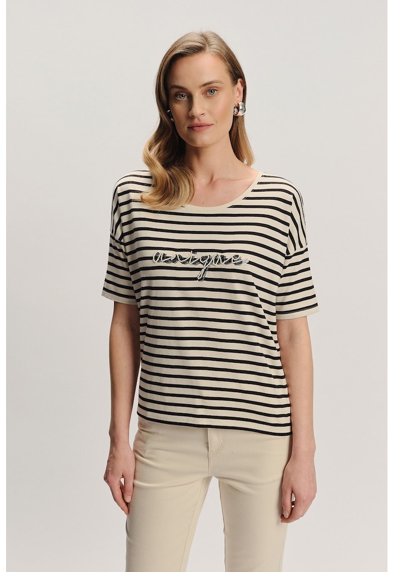 Tricou cu margele - dungi si decolteu rotund - Negru/Bej inchis