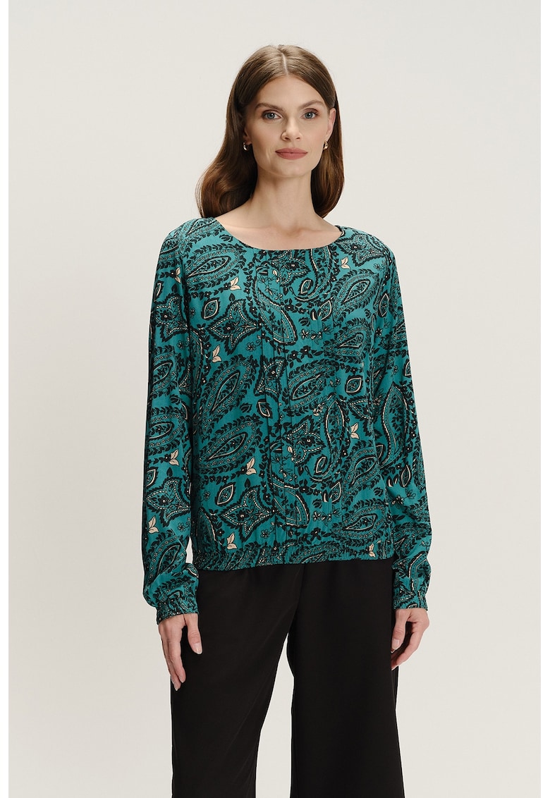 Bluza cu decolteu rotund si model - Negru/Verde aquamarin