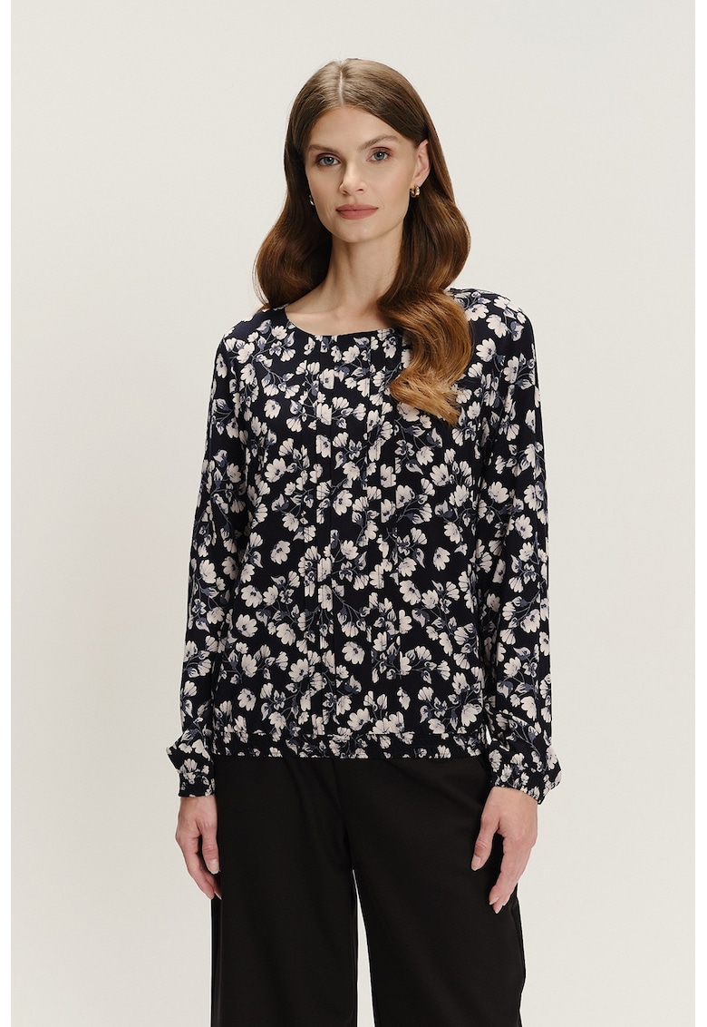 Bluza cu decolteu rotund si model - Alb fildes/Negru