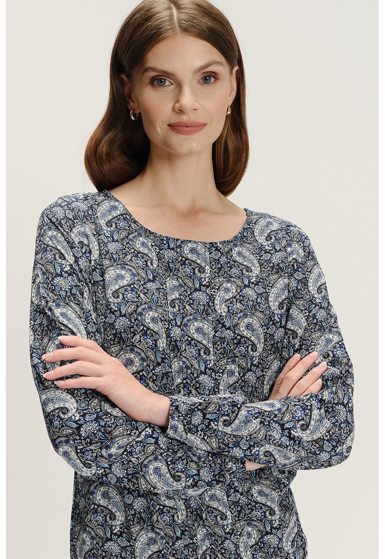 Bluza cu decolteu rotund si model - Alb/Albastru ultramarin/Albastru
