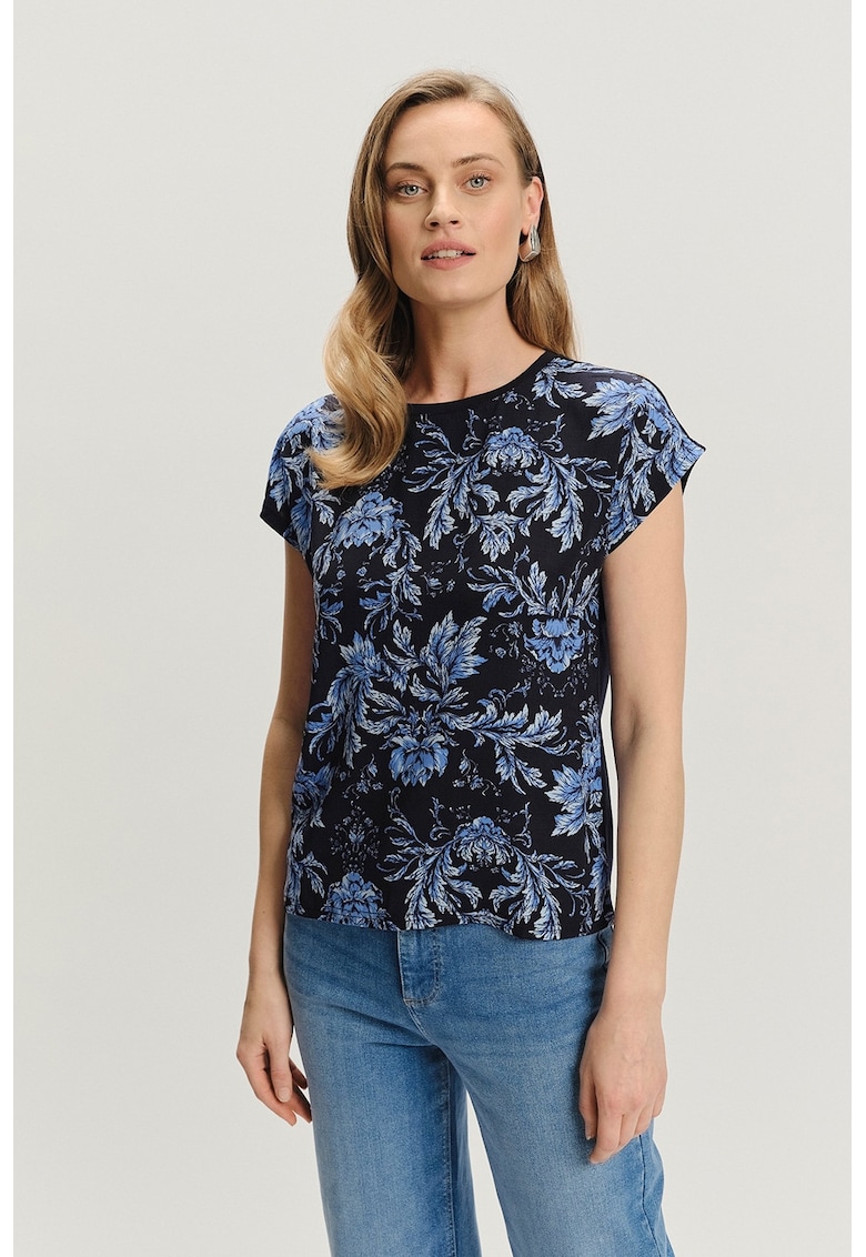 Tricou cu model floral si decolteu la baza gatului - Albastru ultramarin/Albastru