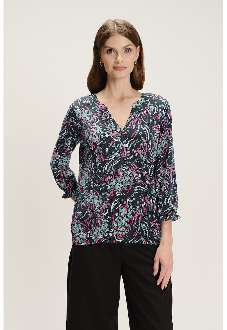 Bluza cu decolteu caftan si model - Negru/Fucsia/Gri cenusiu