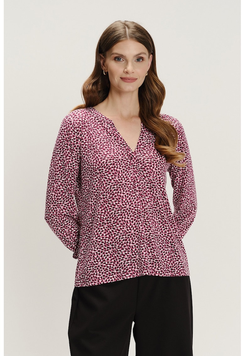 Bluza cu maneci trei sferturi si model - Alb/Visiniu/Roz