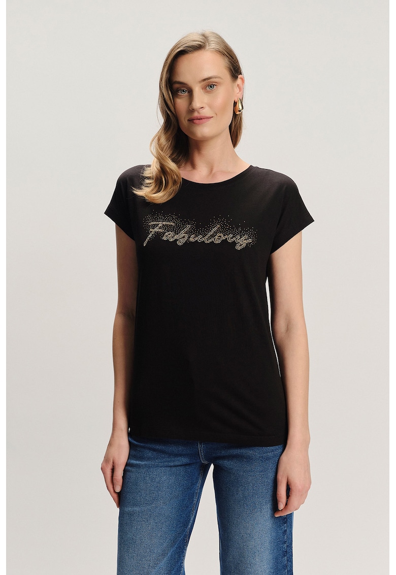 Tricou din amestec de modal cu text din strasuri - Negru