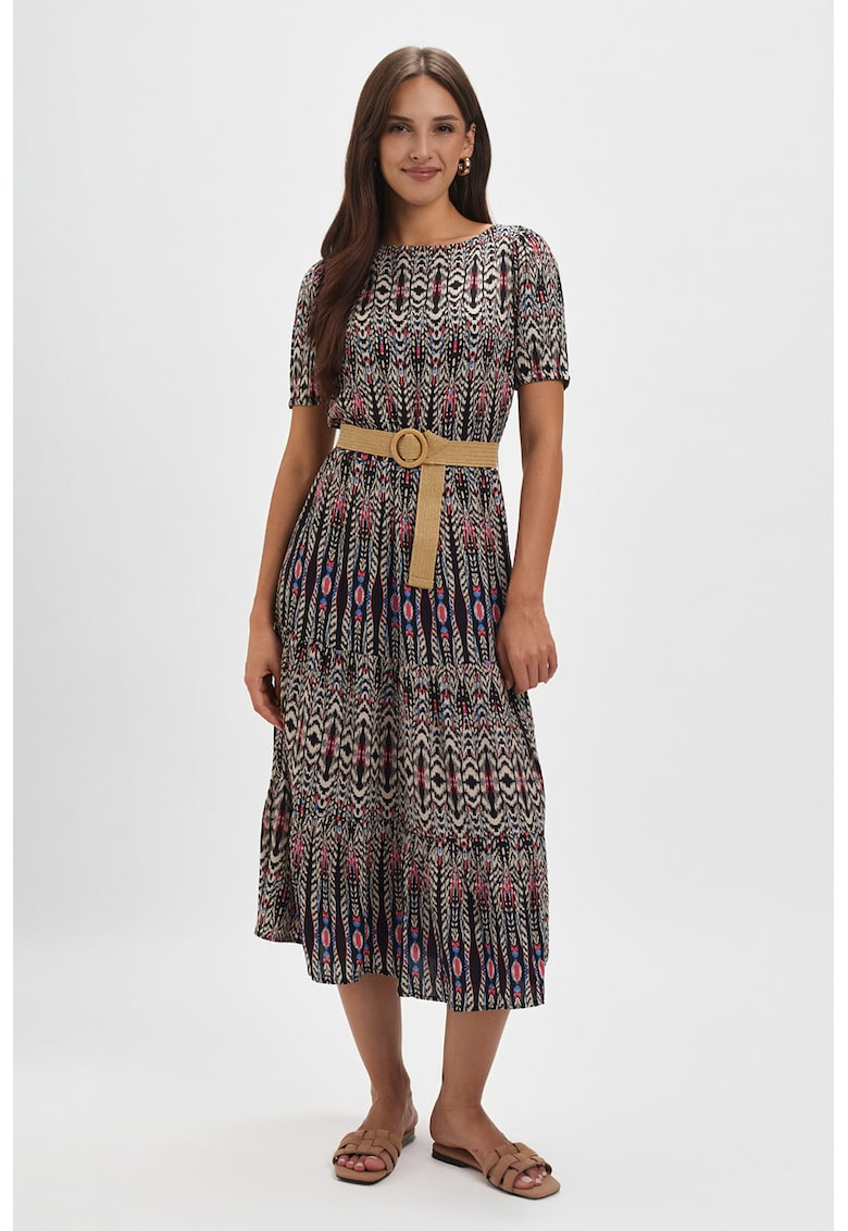 Rochie midi cu model si curea - Negru/Fucsia/Alb murdar