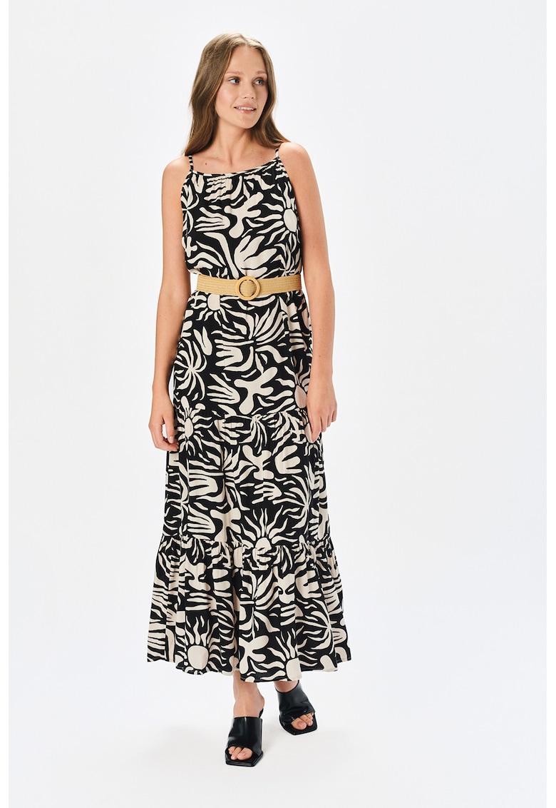 Rochie maxi cu model si terminatie cu volane - Negru/Crem