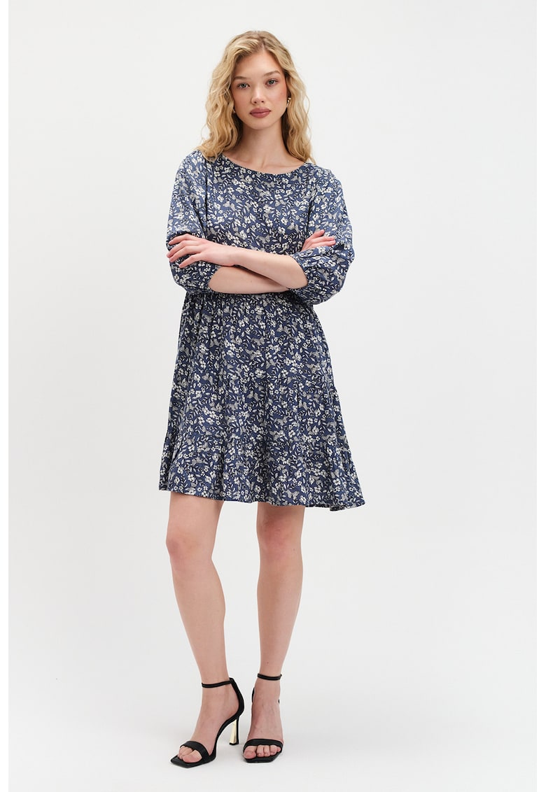 Rochie cu model si maneci bufante - Alb/Albastru prafuit