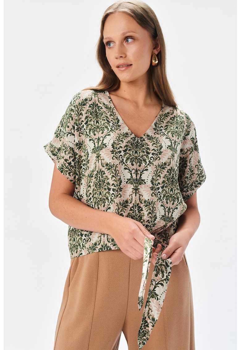 Bluza cu guler tunica si motive orientale - Alb/Verde englez/Roz prafuit