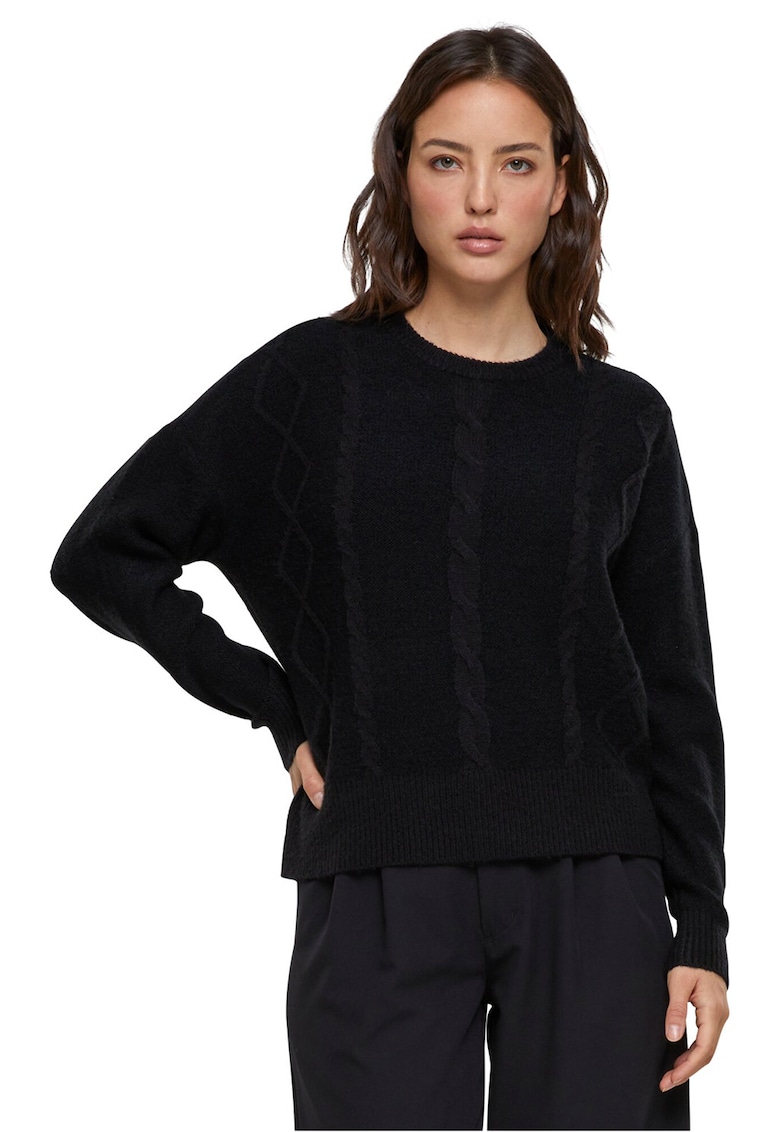 Pulover cu maneci cazute si design cu torsade - Negru melange