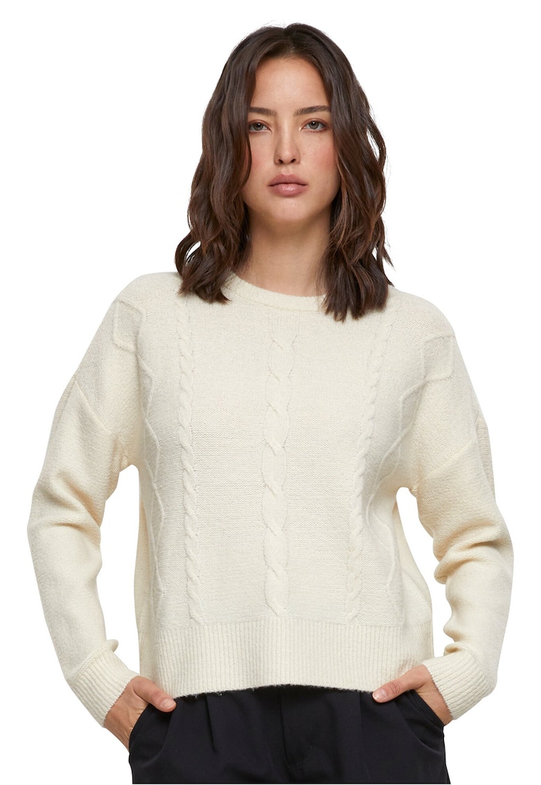 Pulover cu maneci cazute si design cu torsade - Alb fildes