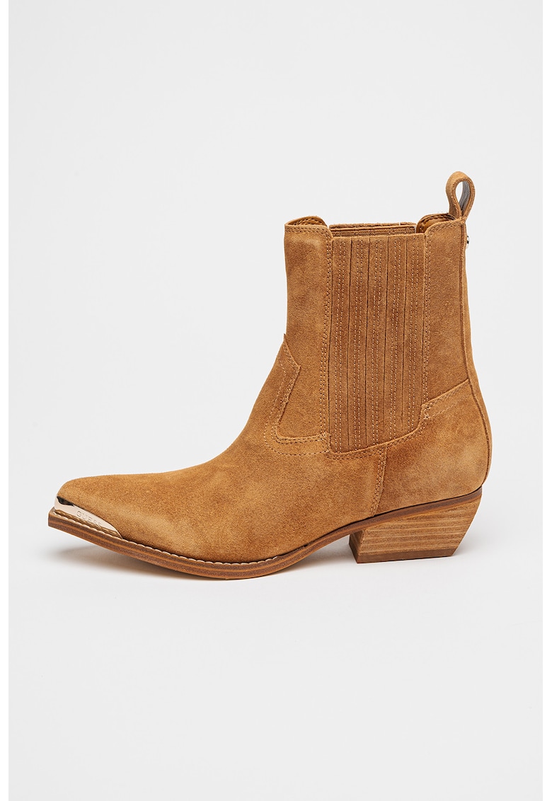 Botine de piele intoarsa cu toc cubanez Lanna - Maro deschis