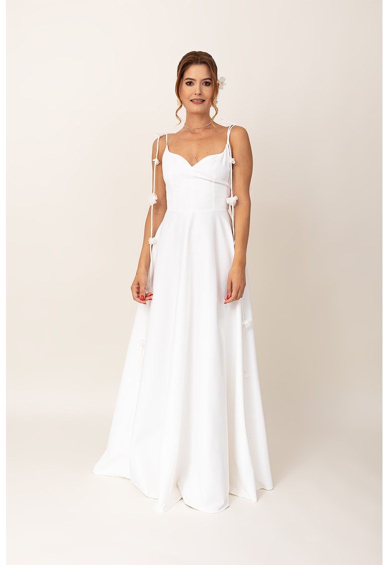 Rochie maxi evazata cu detalii florale - Alb
