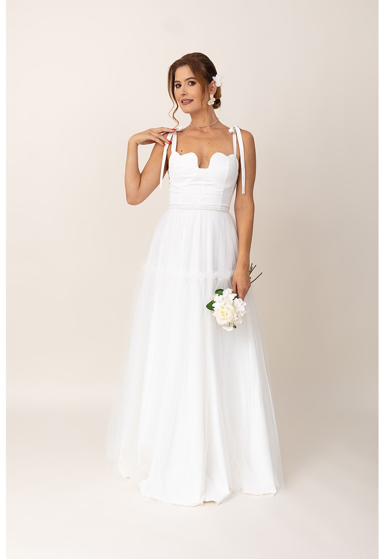Rochie maxi evazata cu funde pe umeri - Alb