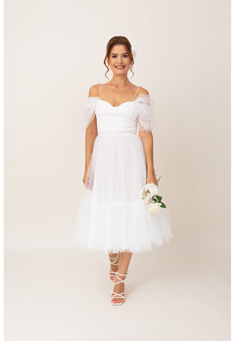 Rochie midi cu umeri decupati - Alb