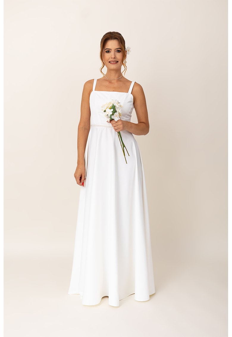 Rochie maxi evazata cu decolteu patrat - Alb