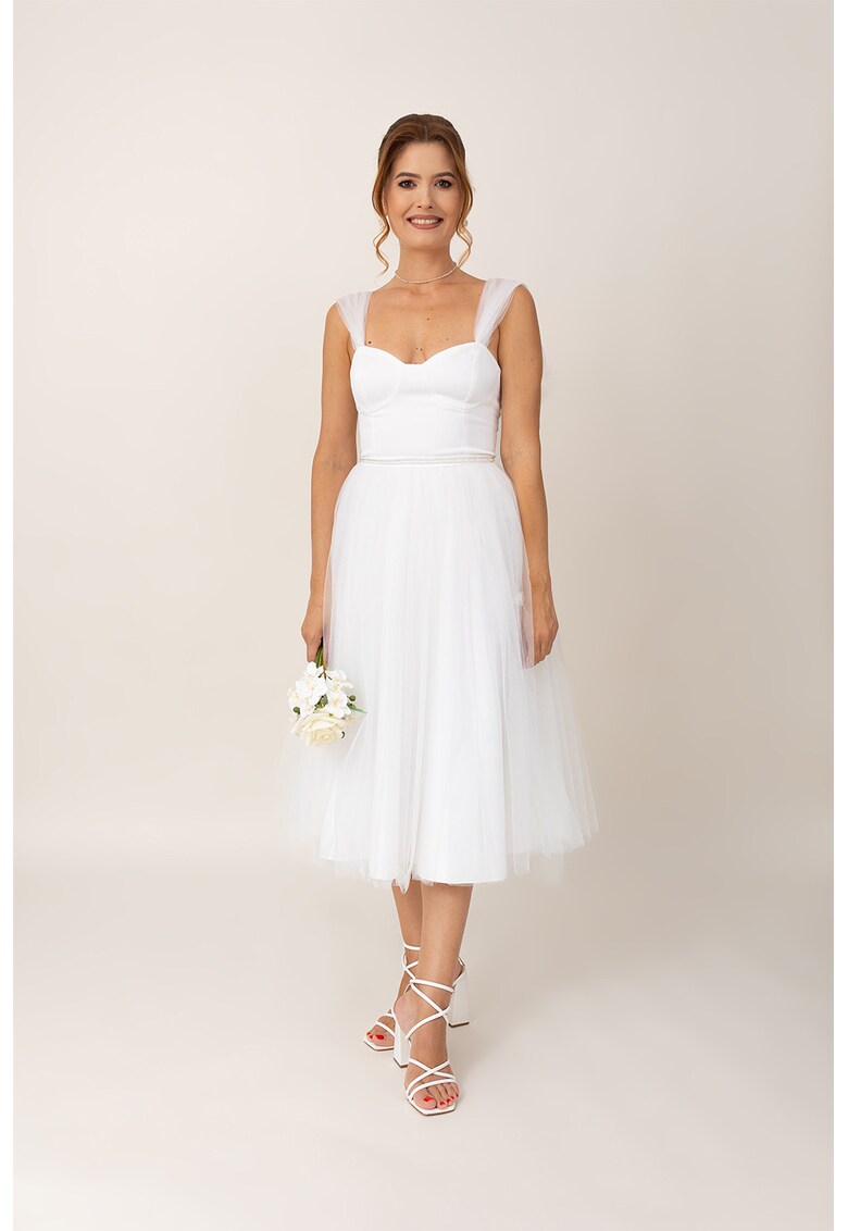 Rochie midi evazata cu model cu funde - Alb
