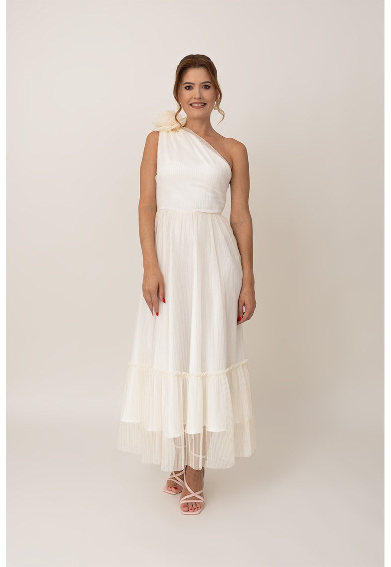 Rochie lunga cu decolteu pe un umar - Crem