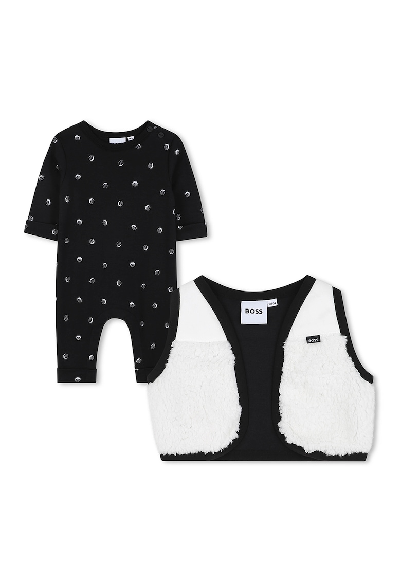 Set de salopeta cu model logo si vesta din material teddy - 2 Piese - Alb/Negru