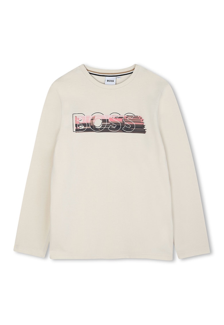 Bluza din bumbac cu decolteu la baza gatului si logo - Alb fildes