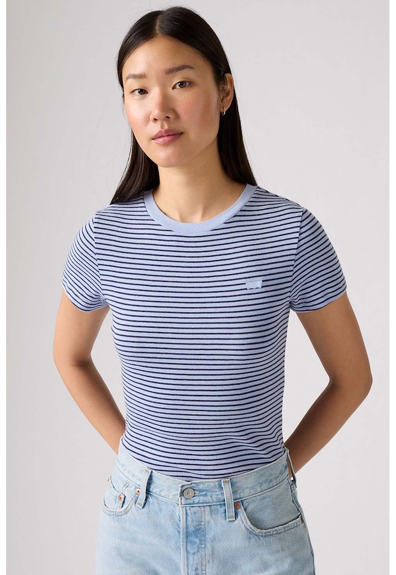 Tricou slim fit de bumbac Essential - Albastru deschis/Bleumarin