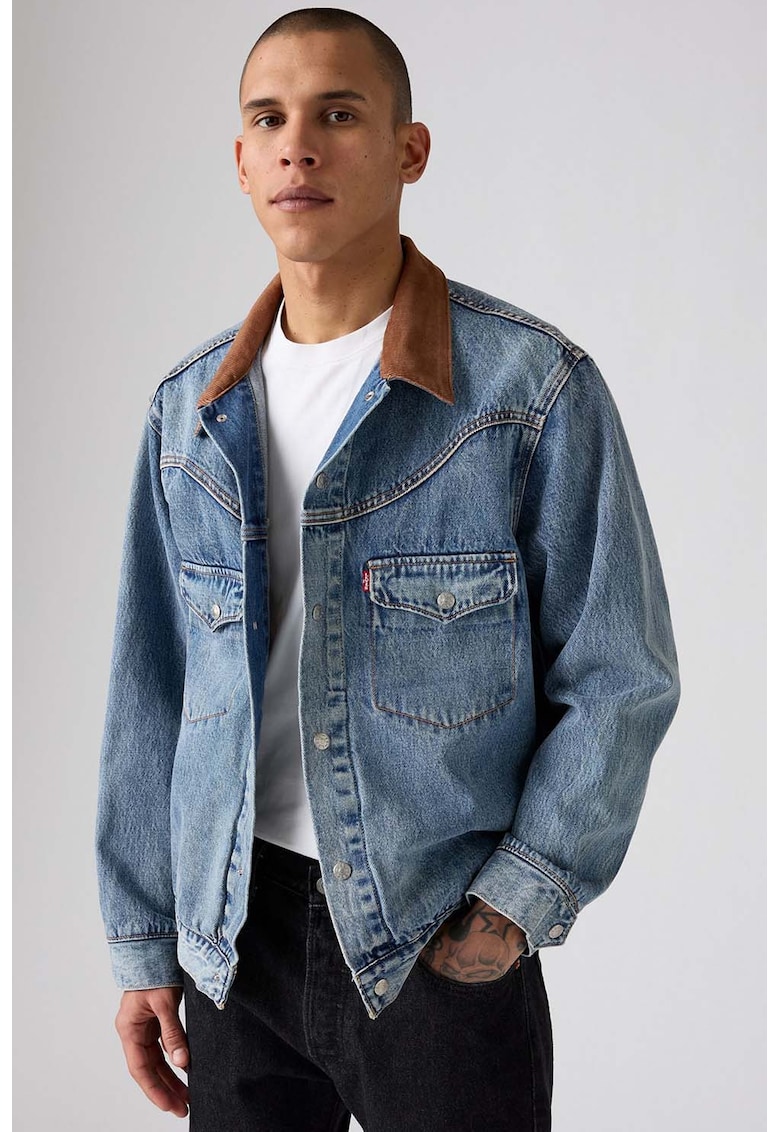 Jacheta din denim cu guler contrastant - Albastru melange
