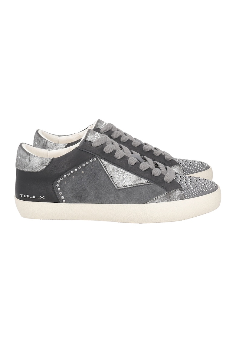 Pantofi sport cu insertii din piele - Argintiu/Gri inchis