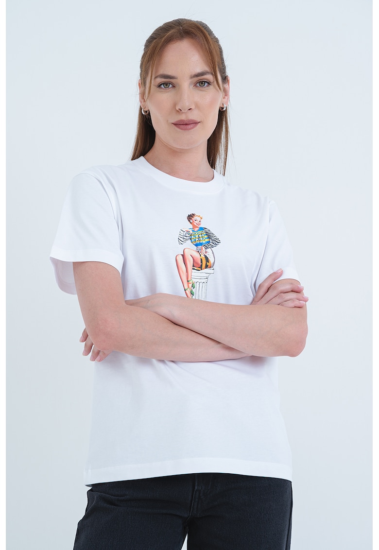 Tricou din bumbac cu imprimeu grafic - Alb optic/Albastru