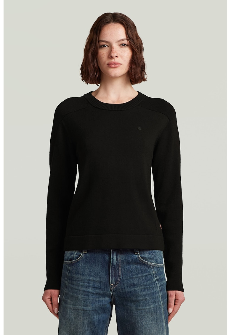 Pulover tricotat din lana cu model uni si guler rotund - Negru