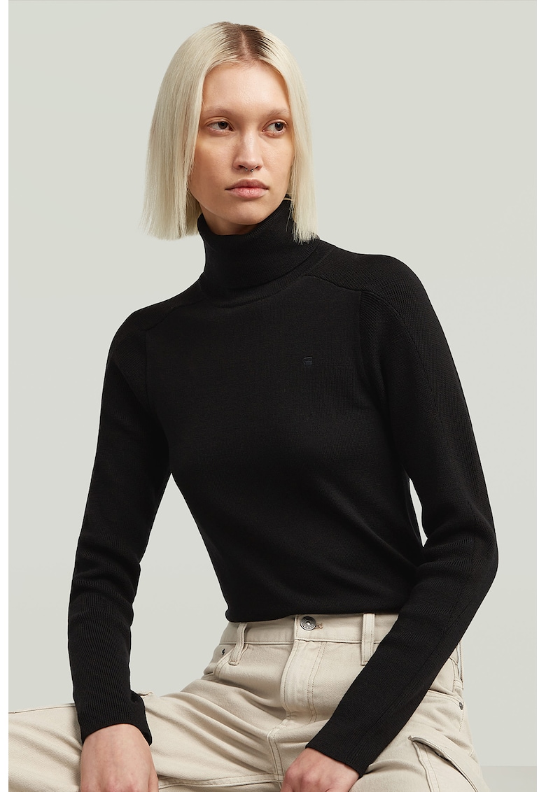Pulover slim fit din lana cu guler inalt - Negru