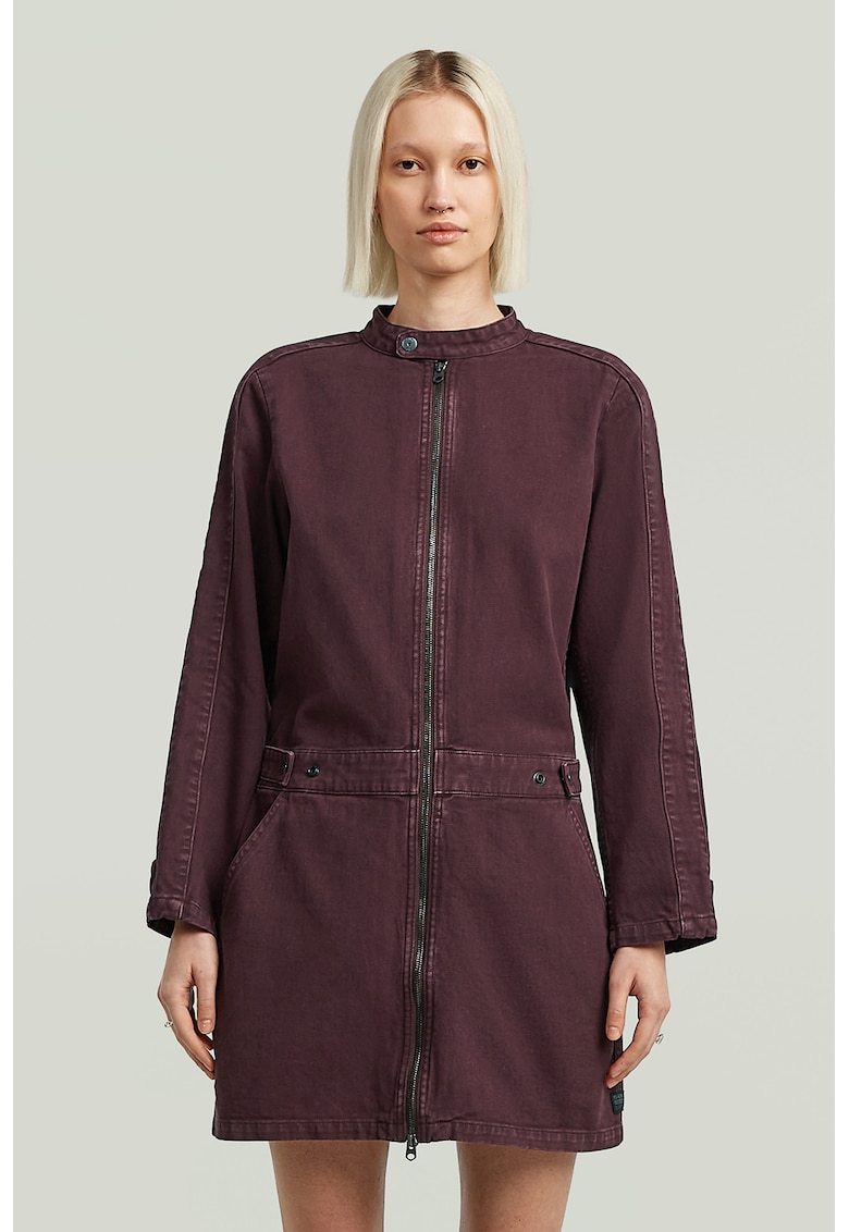 Rochie din denim cu fermoar si maneci lungi - Visiniu