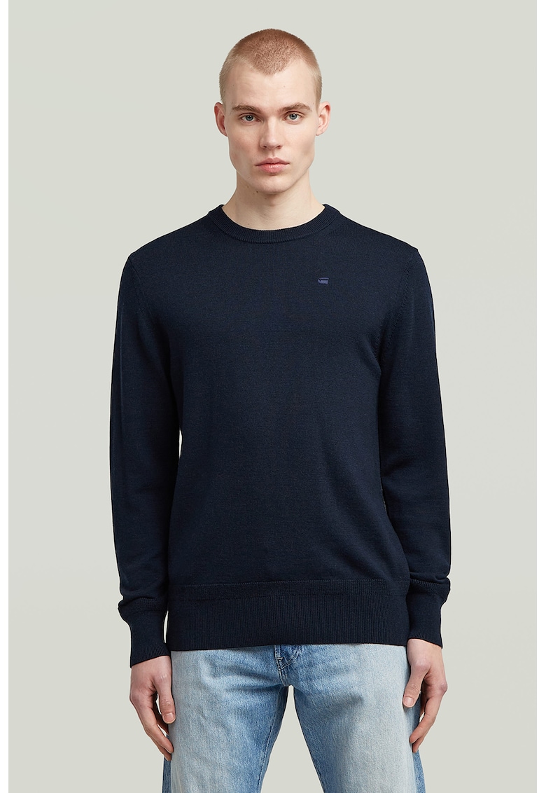 Pulover din lana Merinos cu model uni Premium Core - Bleumarin
