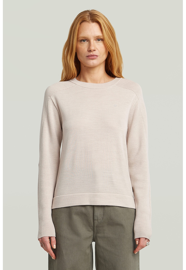 Pulover tricotat din lana cu model uni si guler rotund - Crem