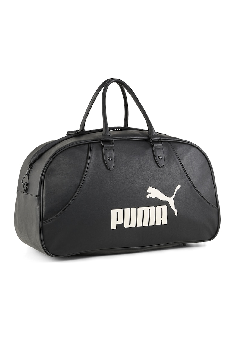 Geanta duffle din piele ecologica cu logo si model unisex - Alb/Negru