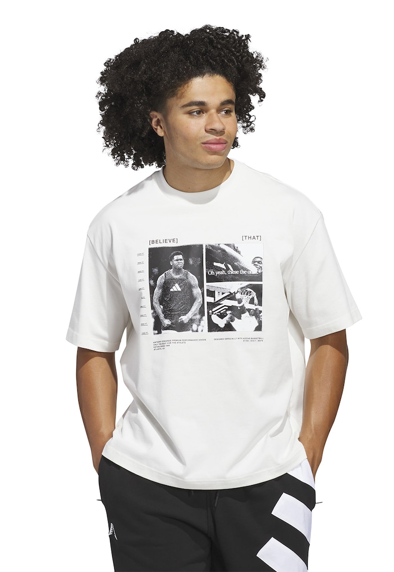 Tricou cu decolteu la baza gatului si imprimeu grafic - Negru stins/Alb murdar
