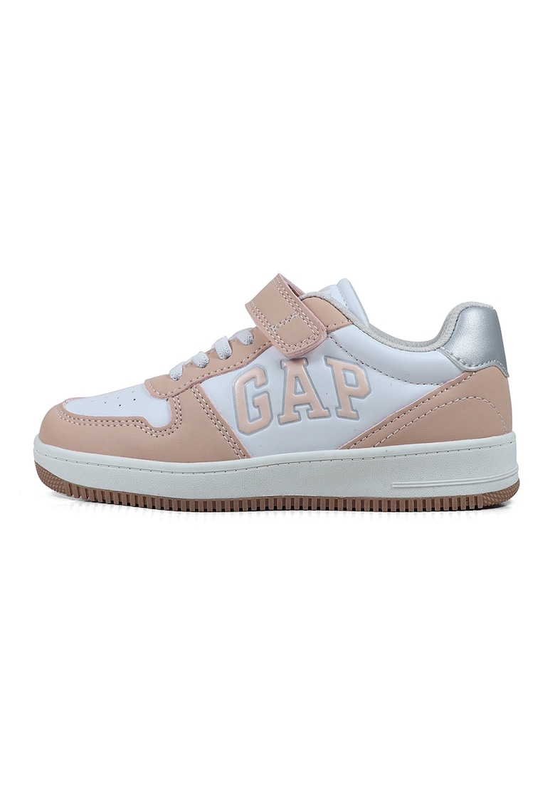 Pantofi sport de piele ecologica cu velcro - Alb/Roz somon