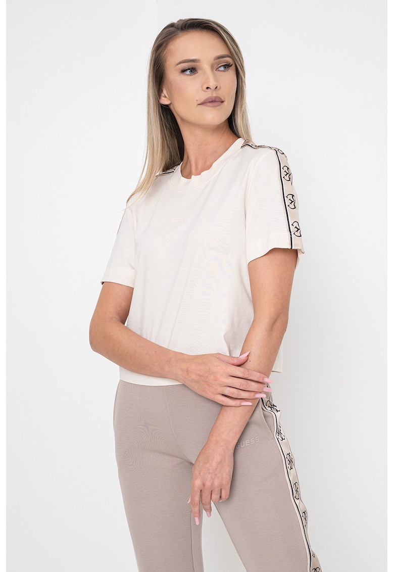 Tricou crop de bumbac cu segmente laterale cu logo - Bej