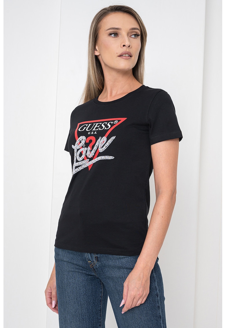 Tricou din bumbac cu imprimeu logo si aplicatie cu margele - Alb/Negru